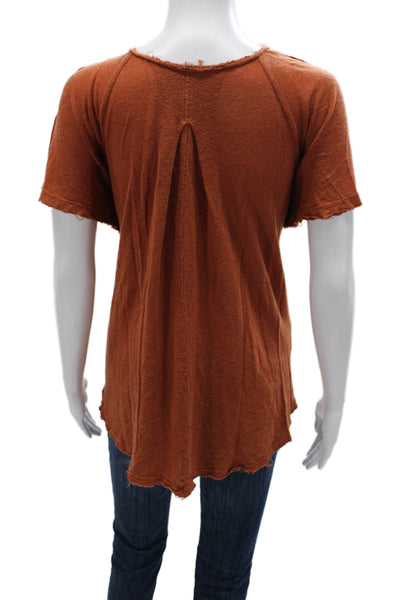 Free People Womens Brown V-Neck Short Sleeve Basic T-Shirt Linen Viscose Size M