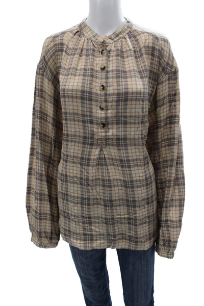 Free People Womens Tunic Blouse Beige Plaid Long Sleeve Button Up Size M