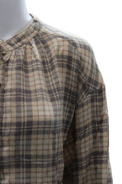 Free People Womens Tunic Blouse Beige Plaid Long Sleeve Button Up Size M