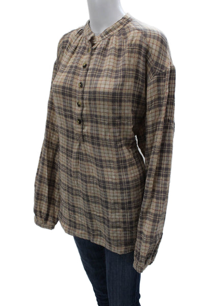 Free People Womens Tunic Blouse Beige Plaid Long Sleeve Button Up Size M