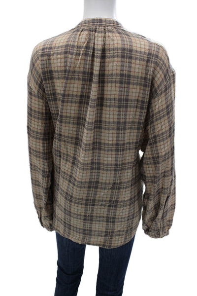 Free People Womens Tunic Blouse Beige Plaid Long Sleeve Button Up Size M