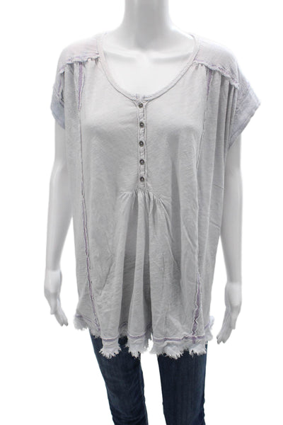 Free People Women Tunic Blouse Gray Short Sleeve Button Up Boho Size S