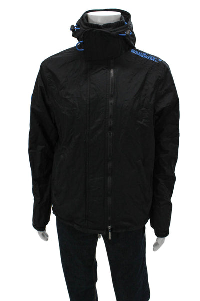 Super Dry Mens Windbreaker Jacket Black Nylon Drawstring High Neck Size L