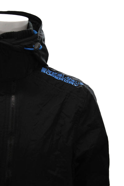 Super Dry Mens Windbreaker Jacket Black Nylon Drawstring High Neck Size L