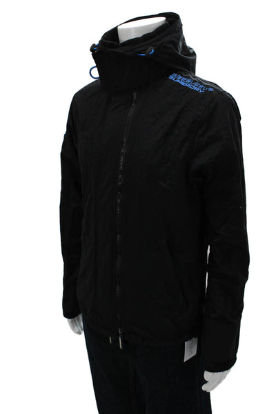 Super Dry Mens Windbreaker Jacket Black Nylon Drawstring High Neck Size L