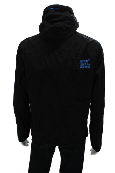 Super Dry Mens Windbreaker Jacket Black Nylon Drawstring High Neck Size L