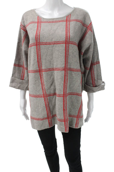 Tahari Womens Pullover Sweater Gray Plaid Round Neck 3/4 Sleeve Size 2X