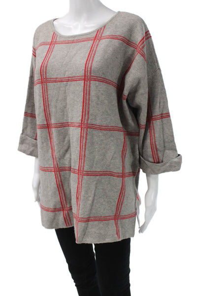 Tahari Womens Pullover Sweater Gray Plaid Round Neck 3/4 Sleeve Size 2X