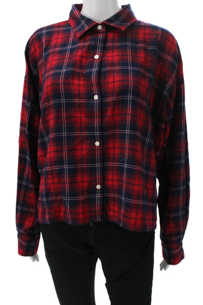 Tuckernuck Women Collared Plaid Long Sleeve Button-Up Top Dark Blue Size XL