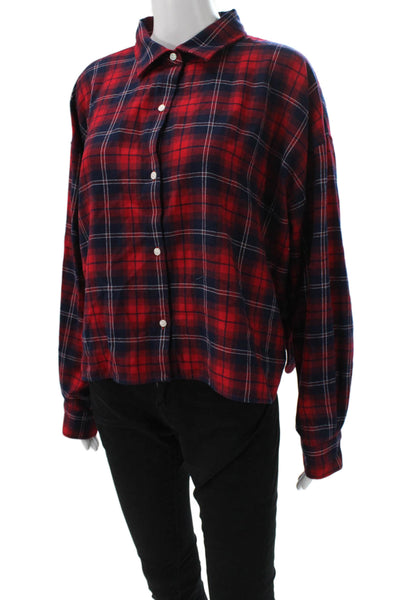 Tuckernuck Women Collared Plaid Long Sleeve Button-Up Top Dark Blue Size XL
