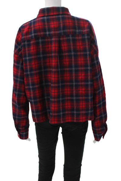 Tuckernuck Women Collared Plaid Long Sleeve Button-Up Top Dark Blue Size XL