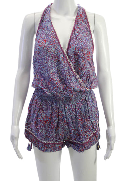 Poupette St. Barth Women Blue Abstract V Neck Sleeveless Romper Size M