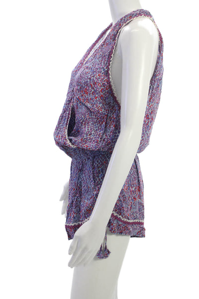 Poupette St. Barth Women Blue Abstract V Neck Sleeveless Romper Size M