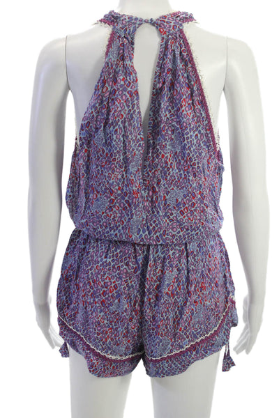 Poupette St. Barth Women Blue Abstract V Neck Sleeveless Romper Size M