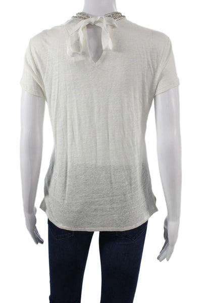Generation Love Women White Linen Short Sleeve T-Shirt Round Neck Tie Size S