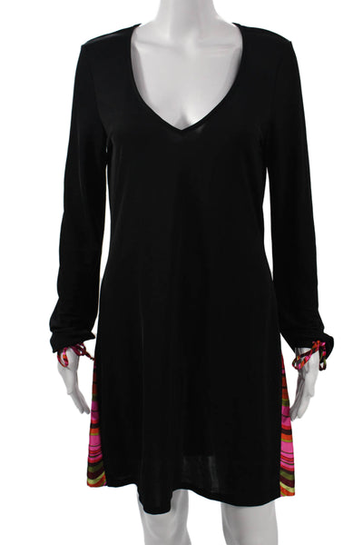 Moda International Womens Shift Dress Black V Neck Long Sleeve Cotton Size L