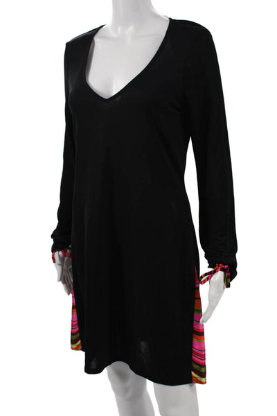 Moda International Womens Shift Dress Black V Neck Long Sleeve Cotton Size L