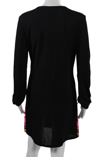 Moda International Womens Shift Dress Black V Neck Long Sleeve Cotton Size L