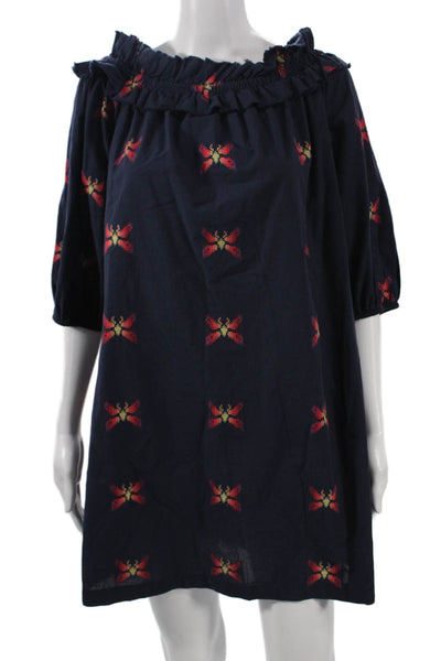 Trina Turk Women Dark Blue Shift Dress 3/4 Sleeve Cotton Butterfly Short Size M