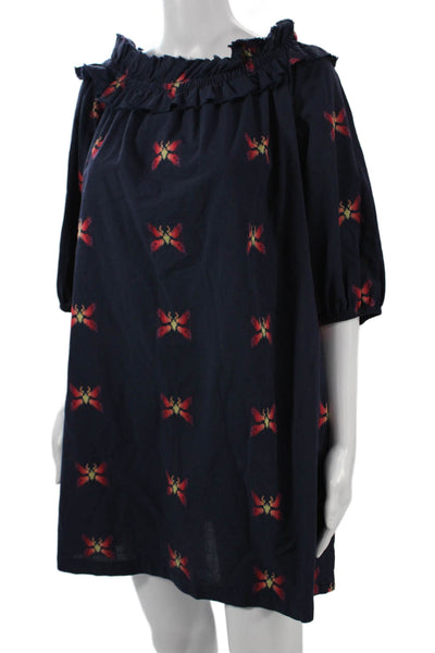 Trina Turk Women Dark Blue Shift Dress 3/4 Sleeve Cotton Butterfly Short Size M