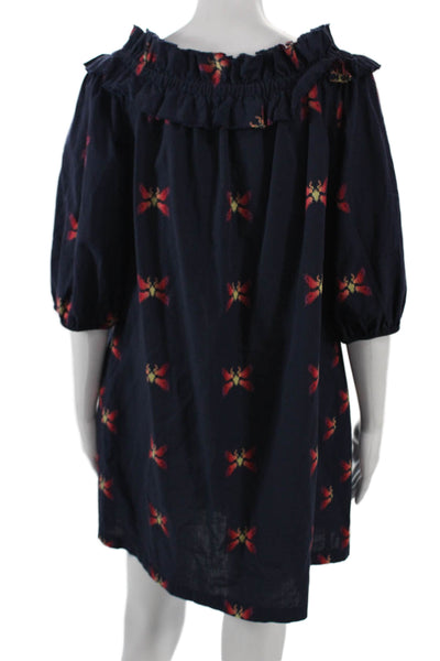 Trina Turk Women Dark Blue Shift Dress 3/4 Sleeve Cotton Butterfly Short Size M