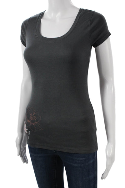 Michael Stars Womens Dark Gray Floral Basic Short Sleeve T-Shirt Size XS