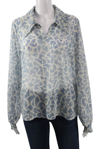Cabi Women Leopard Print Light Blue Collared Long Sleeve Blouse Size S