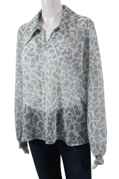Cabi Women Leopard Print Light Blue Collared Long Sleeve Blouse Size S