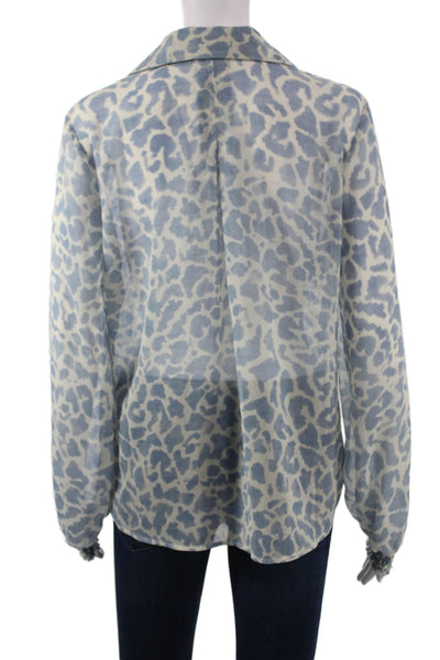 Cabi Women Leopard Print Light Blue Collared Long Sleeve Blouse Size S