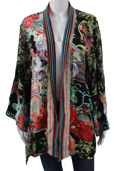 Shana Women Black Floral Jacket Long Sleeve Viscose Silk Size S