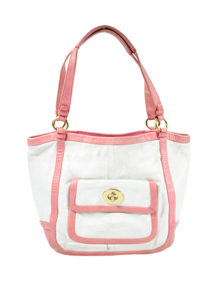 Coach Women's Top Handle Leather Interior Pocket Pink/White Tote Handbag