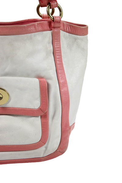 Coach Women's Top Handle Leather Interior Pocket Pink/White Tote Handbag