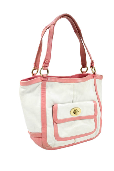 Coach Women's Top Handle Leather Interior Pocket Pink/White Tote Handbag