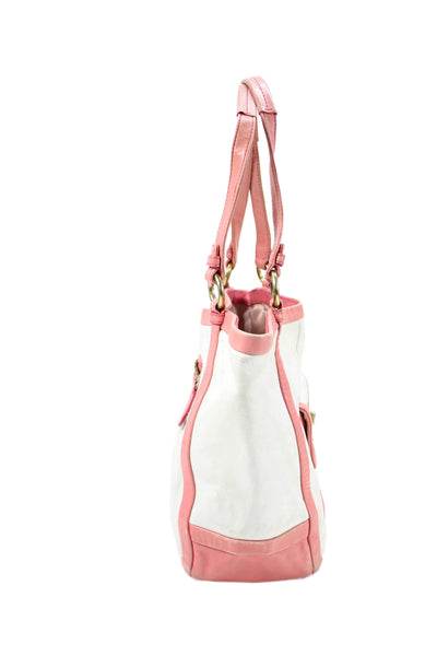 Coach Women's Top Handle Leather Interior Pocket Pink/White Tote Handbag