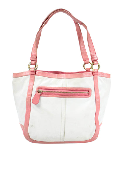 Coach Women's Top Handle Leather Interior Pocket Pink/White Tote Handbag