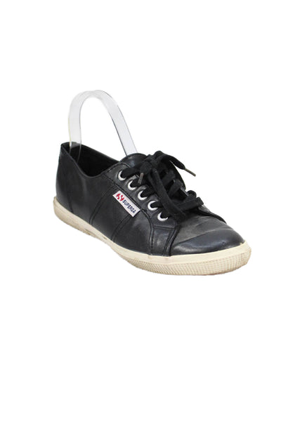 Superga Womens Leather Lace Up Low Top Sneakers Black Size 8