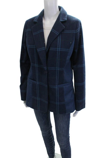 Isaac Mizrahi Womens Dark Blue Plaid Button Blazer Long Sleeve Size 8