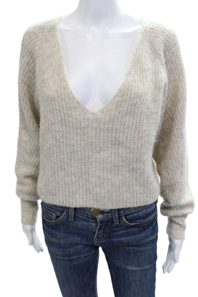 Babaton Women Beige V-Neck Button Pullover Alpaca Blend Long Sleeve Size 2XS