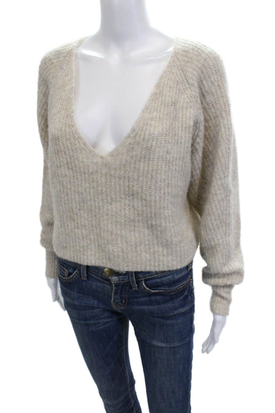 Babaton Women Beige V-Neck Button Pullover Alpaca Blend Long Sleeve Size 2XS