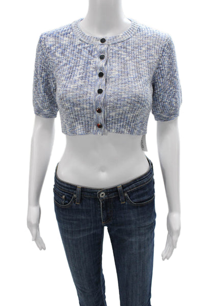 Toccin Women Cropped Button-Up Sweater Blue Crew Neck Short Sleeve 90s Size XS