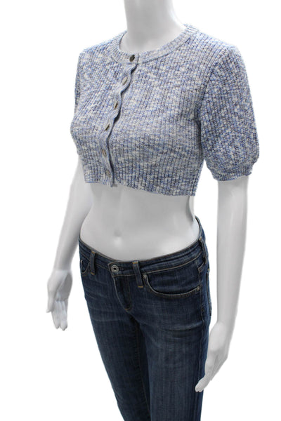 Toccin Women Cropped Button-Up Sweater Blue Crew Neck Short Sleeve 90s Size XS