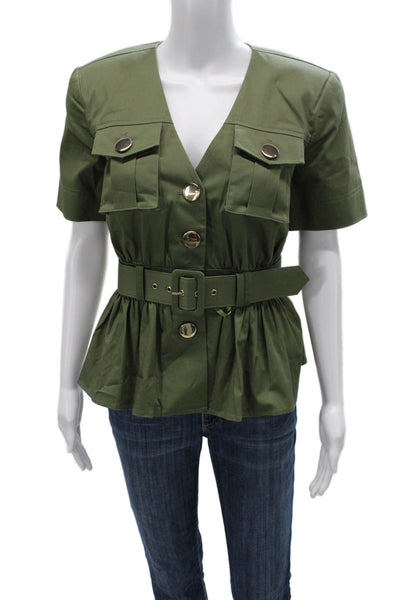 Toccin Women Army Green V Neck Short Sleeve Buckle Blouse Size 2
