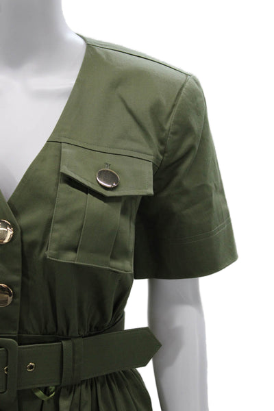 Toccin Women Army Green V Neck Short Sleeve Buckle Blouse Size 2