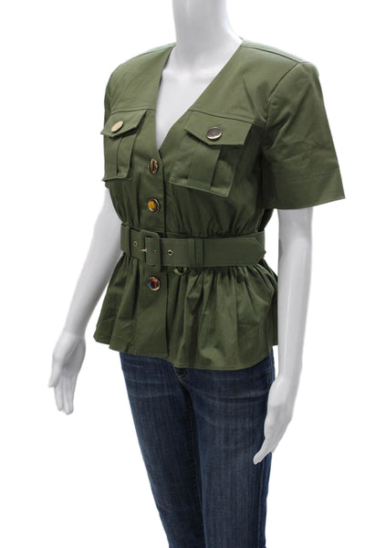 Toccin Women Army Green V Neck Short Sleeve Buckle Blouse Size 2