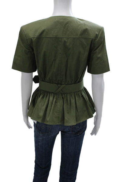 Toccin Women Army Green V Neck Short Sleeve Buckle Blouse Size 2