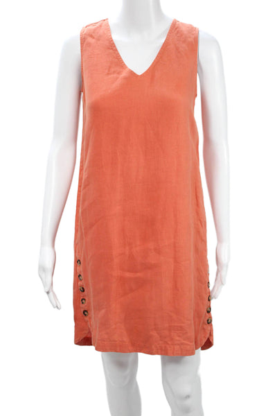 Tahari Women Shift Dress Orange Linen V Neck Sleeveless Midi Petite Size XS
