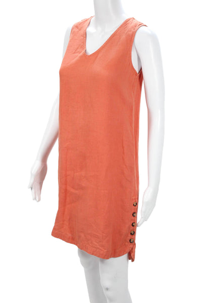 Tahari Women Shift Dress Orange Linen V Neck Sleeveless Midi Petite Size XS