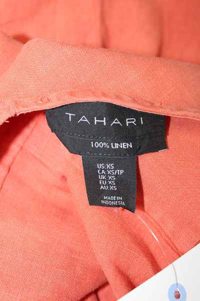 Tahari Women Shift Dress Orange Linen V Neck Sleeveless Midi Petite Size XS