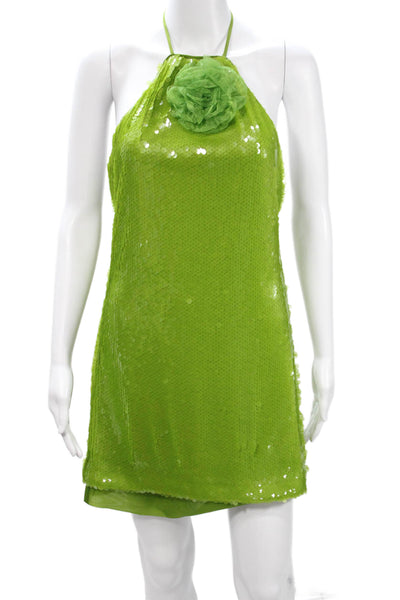 Toccin Womens Sequin High Neck Mini Shift Dress Sleeveless Tie Green Size 2