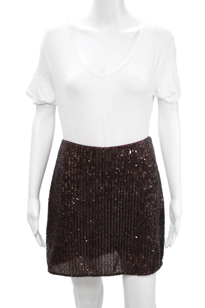 Toccin Womens Sequin Striped Mini Pencil Skirt Brown Size 4